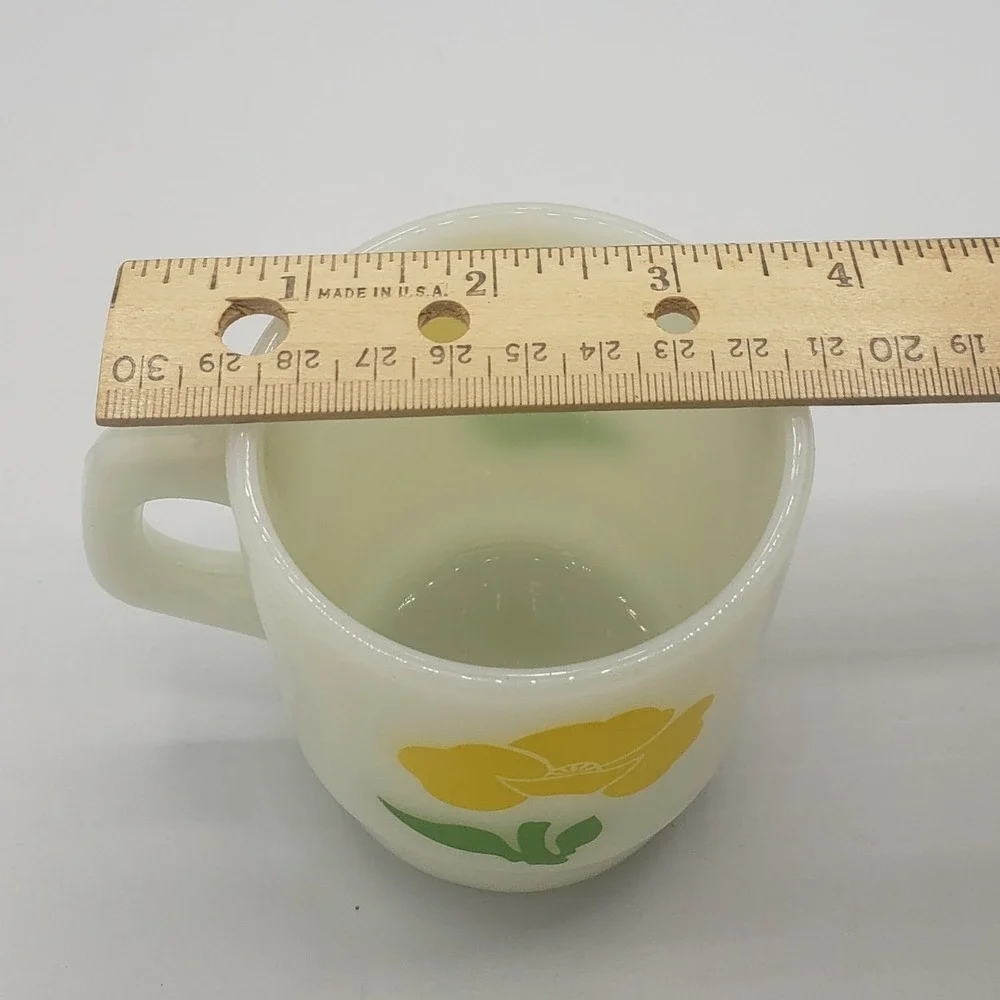 Anchor Hocking Fire King Milk Glass Cup with Yellow Poppy Flower‎ Stackable